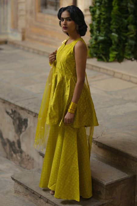 Buy_Baaro Masi_Green Brocade, Organza, Cotton Zari, Tassels Round Neck Peplum Kurta Sharara Set _Online_at_Aza_Fashions