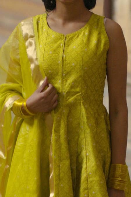 Shop_Baaro Masi_Green Brocade, Organza, Cotton Zari, Tassels Round Neck Peplum Kurta Sharara Set _Online_at_Aza_Fashions