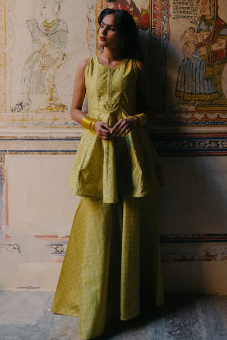 Baaro Masi_Green Brocade, Organza, Cotton Zari, Tassels Round Neck Peplum Kurta Sharara Set _at_Aza_Fashions