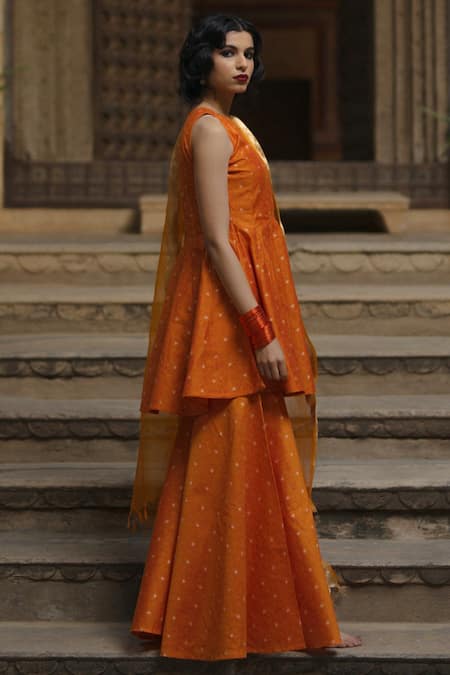 Baaro Masi Orange Cotton, Organza, Brocade Zari, Tassels Woven Peplum Kurta Sharara Set Online at Aza Fashions Baaro Masi_Orange Cotton, Organza, Brocade Zari, Tassels Woven Peplum Kurta Sharara Set _Online_at_Aza_Fashions