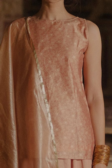 Baaro Masi_Peach Brocade, Organza, Cotton Embroidery, Tassels Floral Jaal Pattern Kurta Set _Online_at_Aza_Fashions