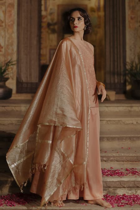 Shop_Baaro Masi_Peach Brocade, Organza, Cotton Embroidery, Tassels Floral Jaal Pattern Kurta Set _Online_at_Aza_Fashions