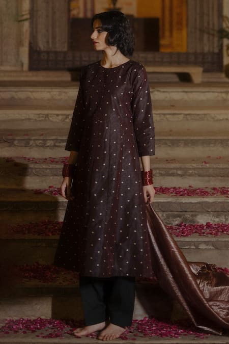 Buy_Baaro Masi_Black Brocade, Cotton, Organza Embroidery, Tassels Round A-line Kurta Salwar Set _Online_at_Aza_Fashions