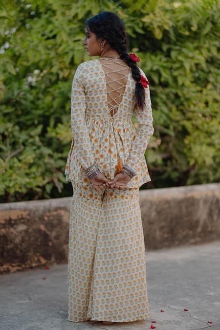 Baaro Masi Floral Print Peplum Kurta & Sharara Set 