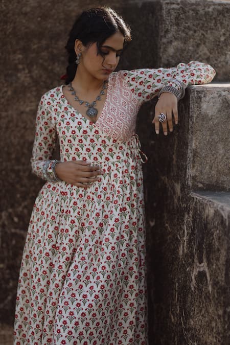 Buy_Baaro Masi_Red Chanderi, Muslin Embroidery, Tassels Floral Print Anarkali Trouser Set _Online_at_Aza_Fashions