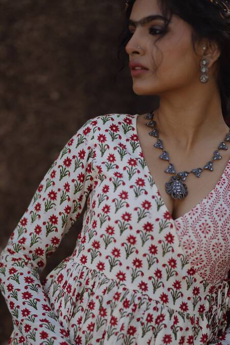 Shop_Baaro Masi_Red Chanderi, Muslin Embroidery, Tassels Floral Print Anarkali Trouser Set _Online_at_Aza_Fashions