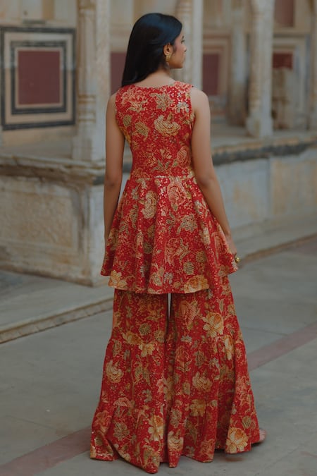 Baaro Masi Printed & Embroidered Angarkha Sharara Set 