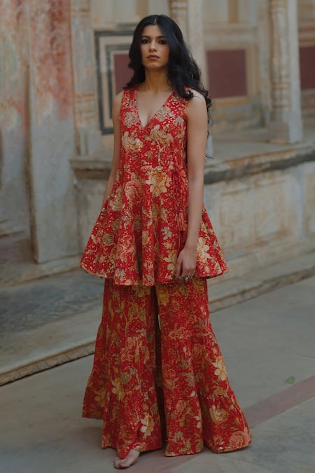 Baaro Masi_Red Cotton, Organza, Georgette Embroidery, Printed And Angarkha Sharara Set _Online_at_Aza_Fashions