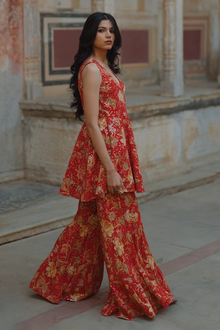 Buy_Baaro Masi_Red Cotton, Organza, Georgette Embroidery, Printed And Angarkha Sharara Set _Online_at_Aza_Fashions