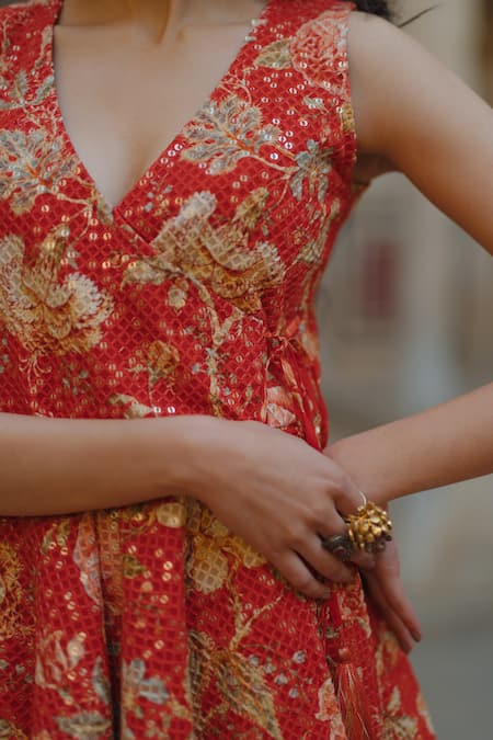 Shop_Baaro Masi_Red Cotton, Organza, Georgette Embroidery, Printed And Angarkha Sharara Set _Online_at_Aza_Fashions