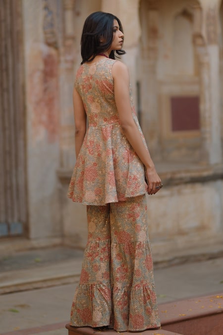 Baaro Masi Embroidered & Printed Angarkha Sharara Set 