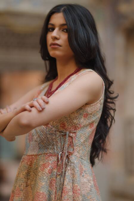 Shop_Baaro Masi_Blue Cotton, Organza, Georgette Sequins, And Printed Angarkha Sharara Set _Online_at_Aza_Fashions