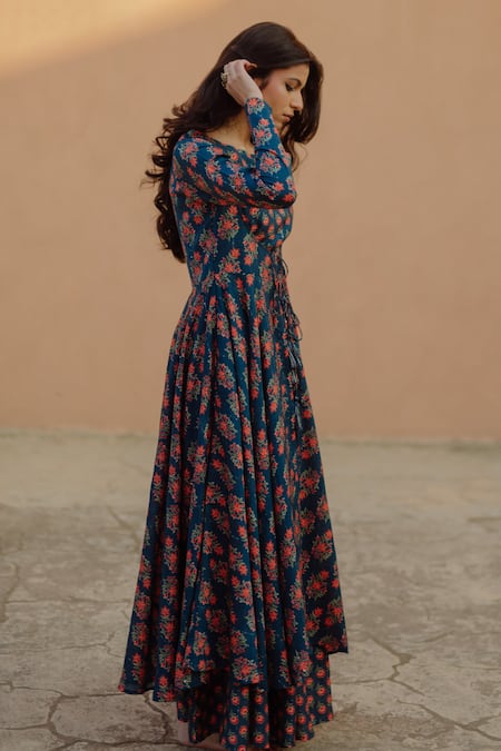 Baaro Masi_Blue Muslin Embroidery, Sequins Round Floral Print Jacket Anarkali And Skirt Set _Online_at_Aza_Fashions