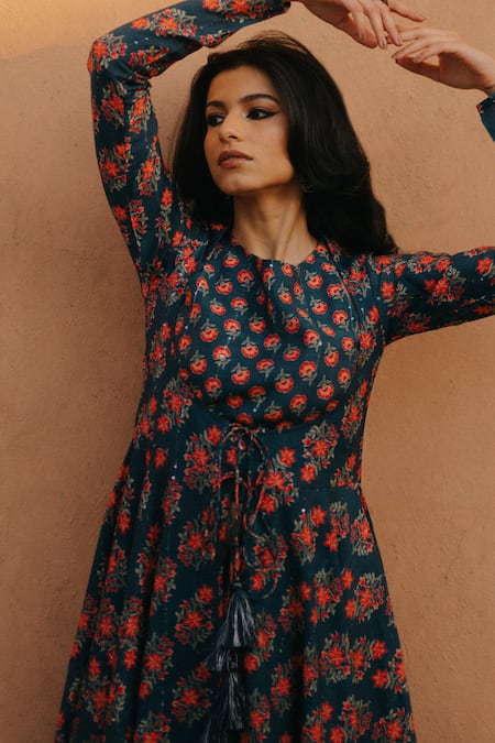 Buy_Baaro Masi_Blue Muslin Embroidery, Sequins Round Floral Print Jacket Anarkali And Skirt Set _Online_at_Aza_Fashions