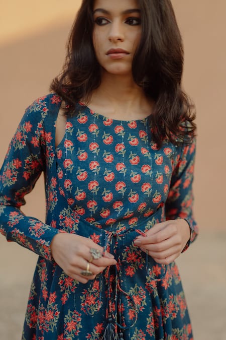 Shop_Baaro Masi_Blue Muslin Embroidery, Sequins Round Floral Print Jacket Anarkali And Skirt Set _Online_at_Aza_Fashions