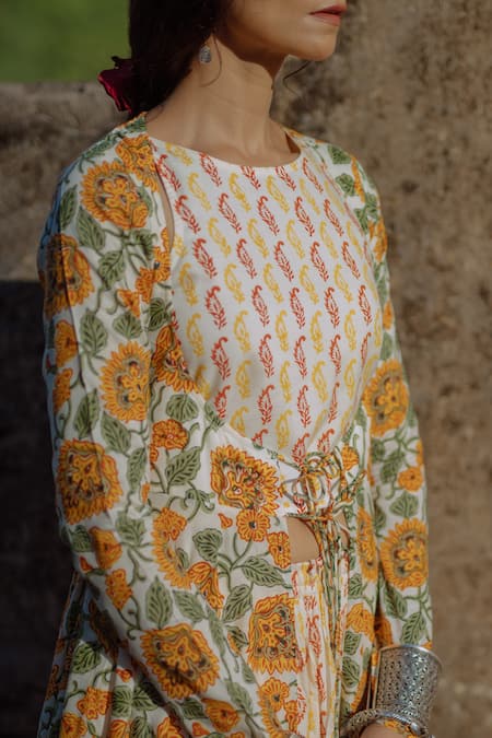 Baaro Masi_Yellow Muslin, Cotton Embroidery, Sequins Printed Jacket Anarkali And Skirt Set _Online_at_Aza_Fashions