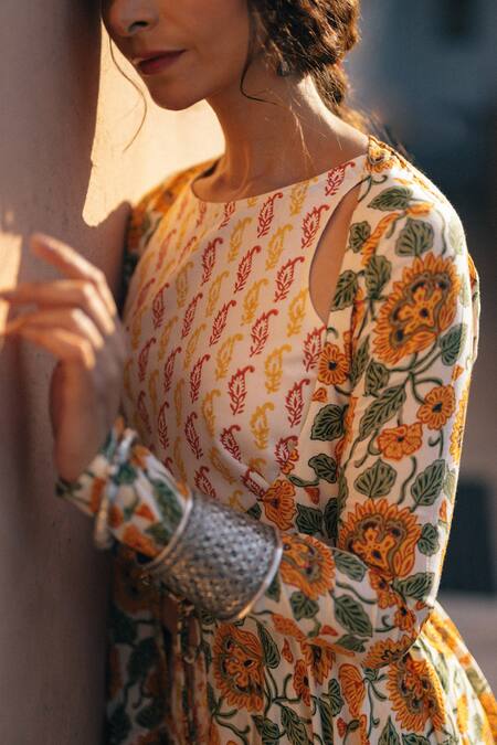 Buy_Baaro Masi_Yellow Muslin, Cotton Embroidery, Sequins Printed Jacket Anarkali And Skirt Set _Online_at_Aza_Fashions