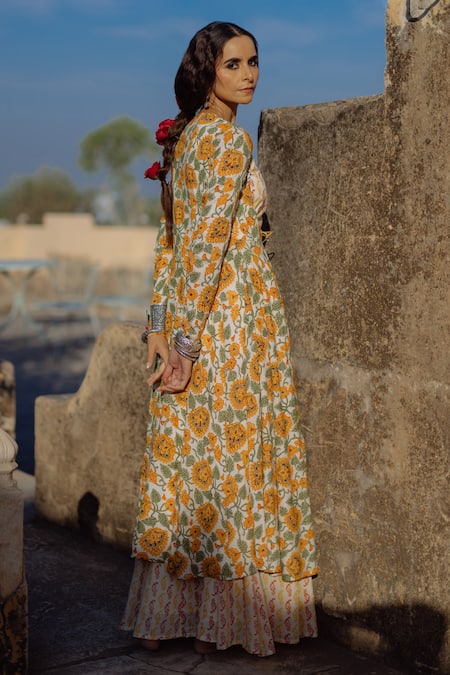 Shop_Baaro Masi_Yellow Muslin, Cotton Embroidery, Sequins Printed Jacket Anarkali And Skirt Set _Online_at_Aza_Fashions