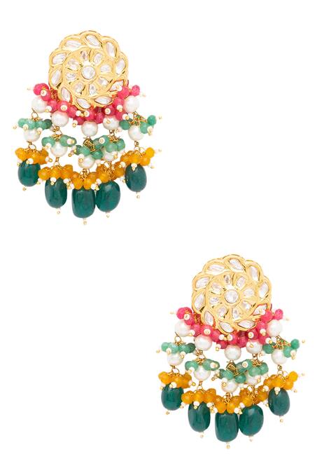 Shop HRISHA Gold Plated Fabric Flowers, Crystals Floral Kundan Polki Danglers at Aza Fashions Shop_HRISHA_Gold Plated Fabric Flowers, Crystals Floral Kundan Polki Danglers _at_Aza_Fashions