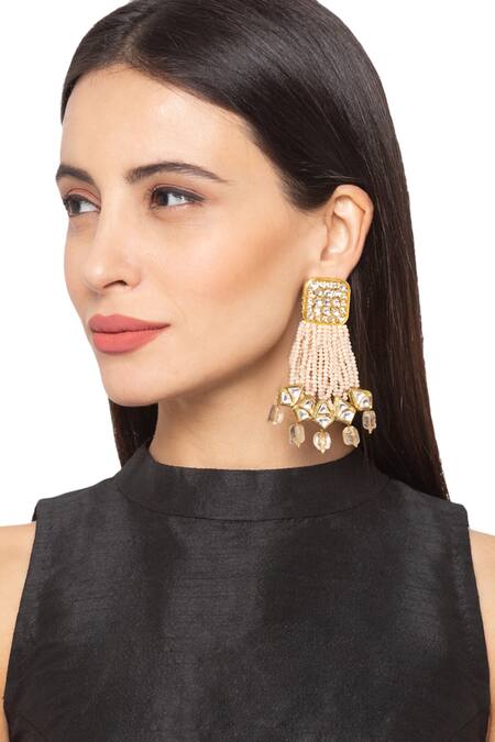 Buy HRISHA Gold Plated Crystals, Applique Kundan Polki Bead Danglers at Aza Fashions Buy_HRISHA_Gold Plated Crystals, Applique Kundan Polki Bead Danglers_at_Aza_Fashions