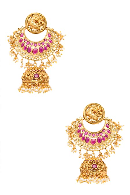 Shop_HRISHA_Gold Plated Stones, Beads Carved Chandbali Jhumkas _at_Aza_Fashions
