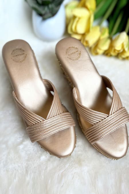 Shop Modanta Footwear Gold Zari, Embroidery Zardozi Wedges at Aza Fashions Shop_Modanta Footwear_Gold Zari, Embroidery Zardozi Wedges _at_Aza_Fashions