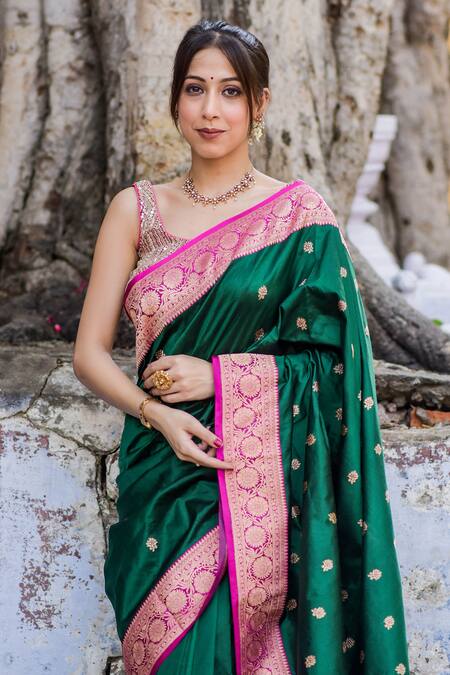 Naaritva India_Green Zari Handwoven Banarasi Saree With Running Blouse_Online_at_Aza_Fashions