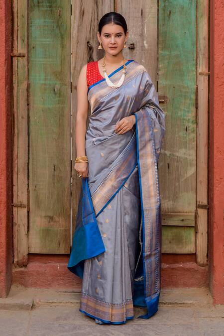 Naaritva India_Gray Kota Doria Zari Leaf Pattern Banarasi Saree With Running Blouse_Online_at_Aza_Fashions