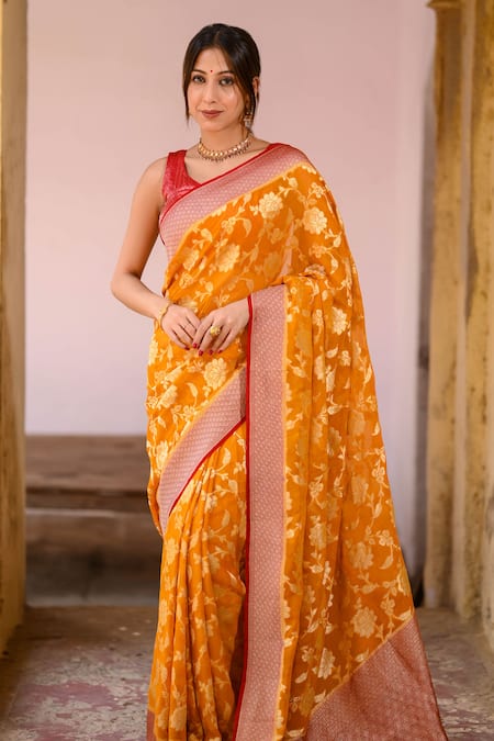 Buy_Naaritva India_Gold Handloom Cotton, Banarasi Floral Jaal Pattern Saree With Running Blouse _Online_at_Aza_Fashions