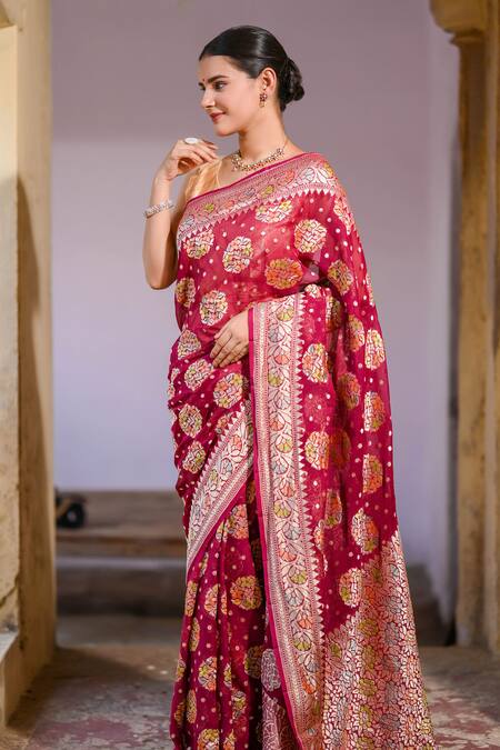 Buy_Naaritva India_Pink Handloom Cotton, Chiffon Meena Pattern Banarasi Saree With Running Blouse_Online_at_Aza_Fashions