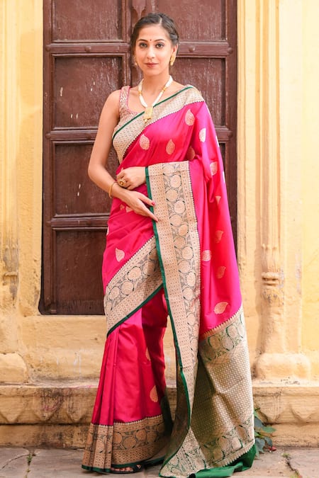 Pink Heavy Embroidered Banarasi Silk Saree – Maharani