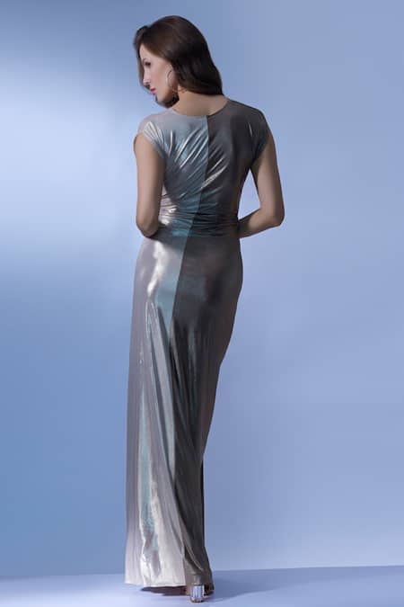 Shop_Cham Cham_Gold Polyester V-neck Dichromatic Shimmer Finish Gown _at_Aza_Fashions