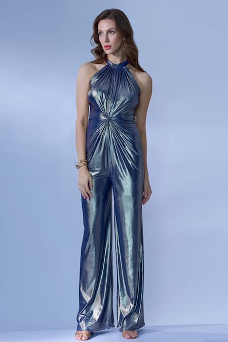 Buy_Cham Cham_Blue Polyester Halter Neck Turquoise Shimmer Jumpsuit _Online_at_Aza_Fashions