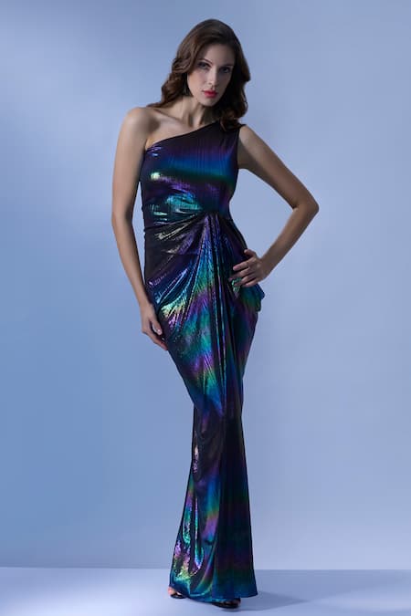 Buy_Cham Cham_Multi Color Kota Doria Asymmetric Multicolor Neck Gown _Online_at_Aza_Fashions