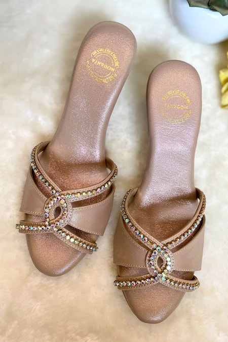 Shop Modanta Footwear Beige Fabric Flowers Faux Diamond Embellished Leather Wedges at Aza Fashions Shop_Modanta Footwear_Beige Fabric Flowers Faux Diamond Embellished Leather Wedges _at_Aza_Fashions