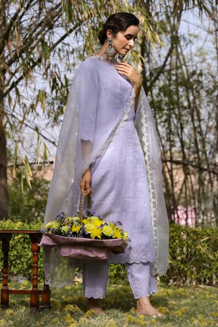 Buy_Charu Makkar_Blue Linen Embroidery Round Neck Straight Fit Kurta Set _Online_at_Aza_Fashions