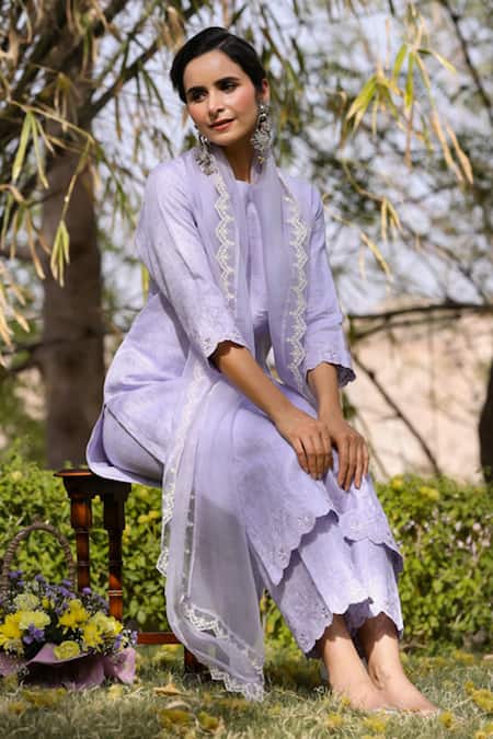 Shop_Charu Makkar_Blue Linen Embroidery Round Neck Straight Fit Kurta Set _Online_at_Aza_Fashions