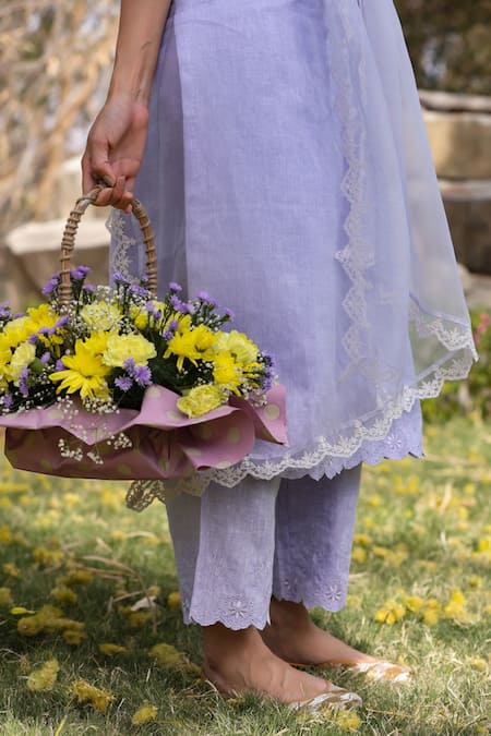 Shop_Charu Makkar_Blue Linen Embroidery Round Neck Straight Fit Kurta Set 