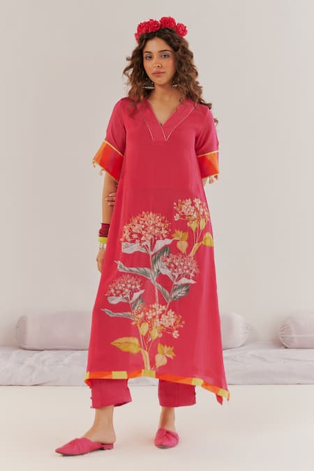 172 THREADS Fuchsia Crepe Printed Floral V Neck Kaftan And Pant Set