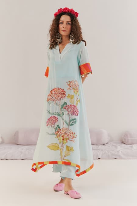 172 THREADS Blue Crepe Printed Floral V Neck Pattern Kaftan And Pant Set