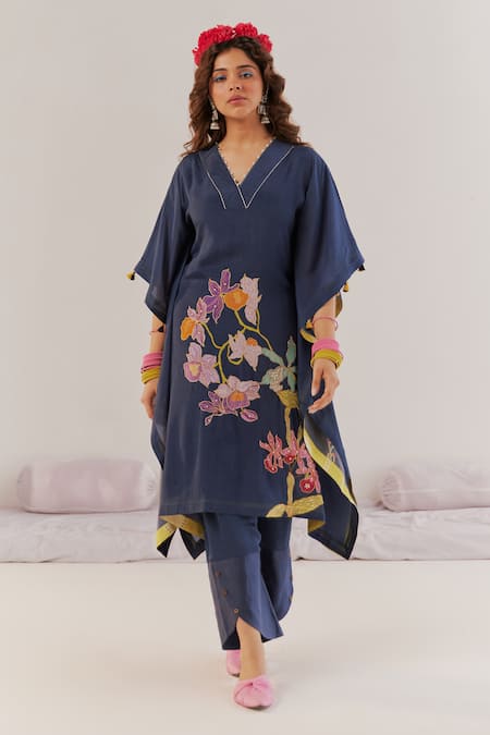 172 THREADS Blue Crepe Printed Floral V Neck Beads Embroidered Kaftan And Pant Set