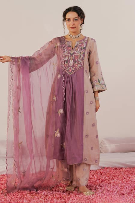 172 THREADS Purple Chanderi Embroidered Floral Notched Kurta Pant Set