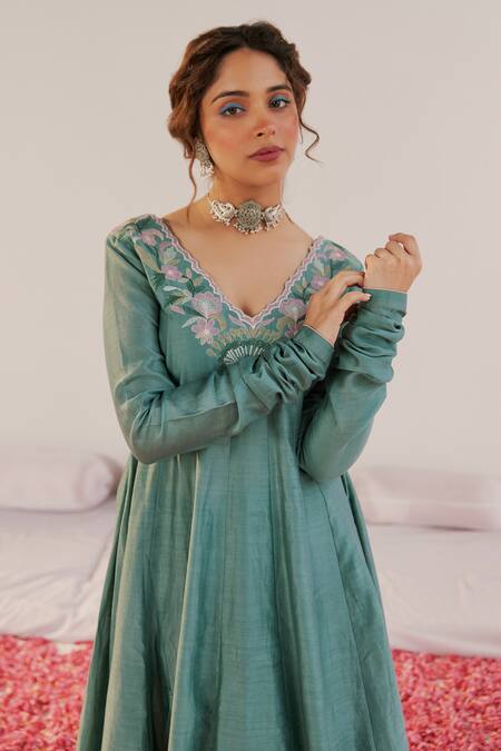 Buy_172 Threads_Blue Chanderi Embroidered Floral V Neck Anarkali Set_Online_at_Aza_Fashions