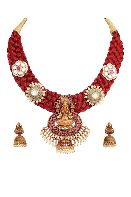 Shop Tizora Gold Plated Pearls, Stones, Gota Patti Handcrafted Temple Necklace Set at Aza Fashions Shop_Tizora_Gold Plated Pearls, Stones, Gota Patti Handcrafted Temple Necklace Set _at_Aza_Fashions