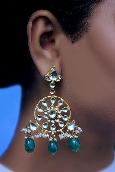 Tizora Gold Plated Pearls, Diamonds, Stones Kundan Drop Danglers 