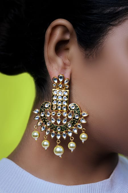 Tizora Gold Plated Pearls, Diamonds Enamelled Kundan Danglers 
