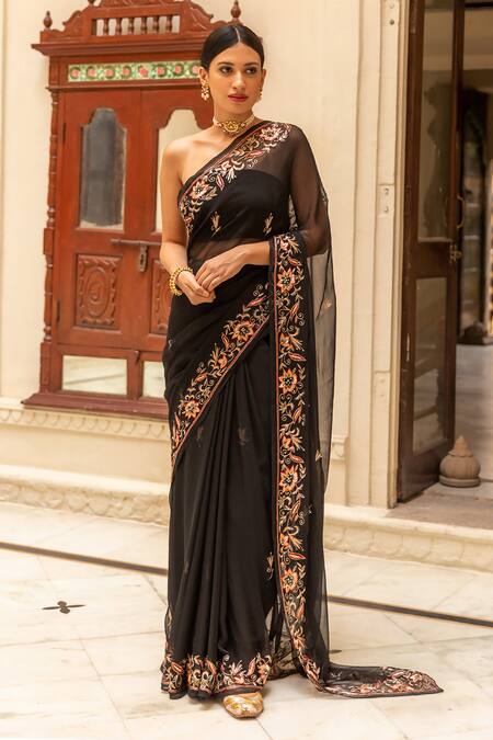 Buy Geroo Jaipur Black Chiffon Embroidery Floral Saree With Unstitched Blouse Piece Online at Aza Fashions Buy_Geroo Jaipur_Black Chiffon Embroidery Floral Saree With Unstitched Blouse Piece _Online_at_Aza_Fashions