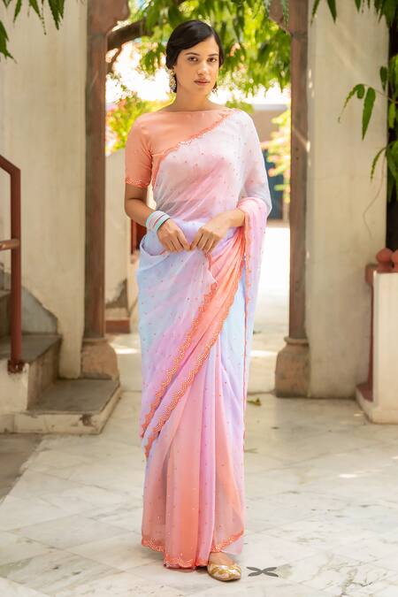Buy_Geroo Jaipur_Multi Color Chiffon Mirrors, Embroidery Saree With Unstitched Blouse Piece _Online_at_Aza_Fashions