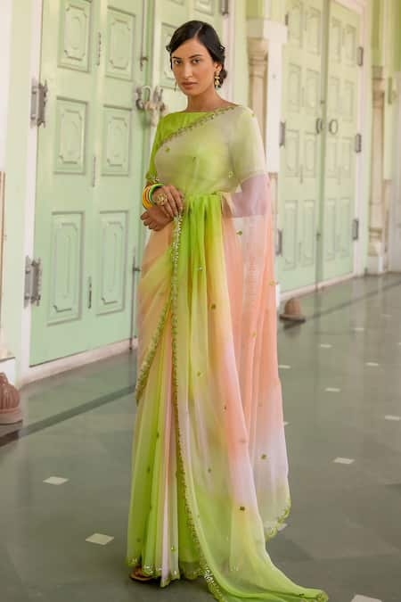 Geroo Jaipur_Multi Color Chiffon Mirrors, Shaded Saree With Unstitched Blouse Piece _Online_at_Aza_Fashions