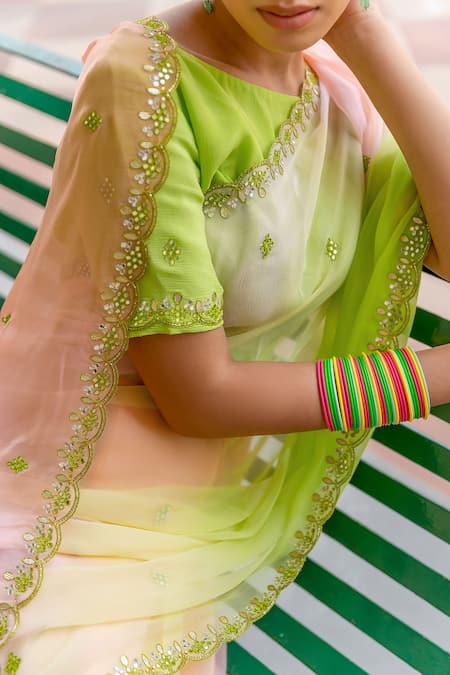 Buy_Geroo Jaipur_Multi Color Chiffon Mirrors, Shaded Saree With Unstitched Blouse Piece _Online_at_Aza_Fashions